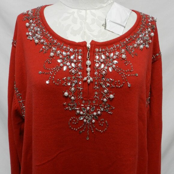 Quacker Factory Sequin Beaded knit red Christmas Sweater Top Size Sz XXXL 3X - Picture 3 of 11